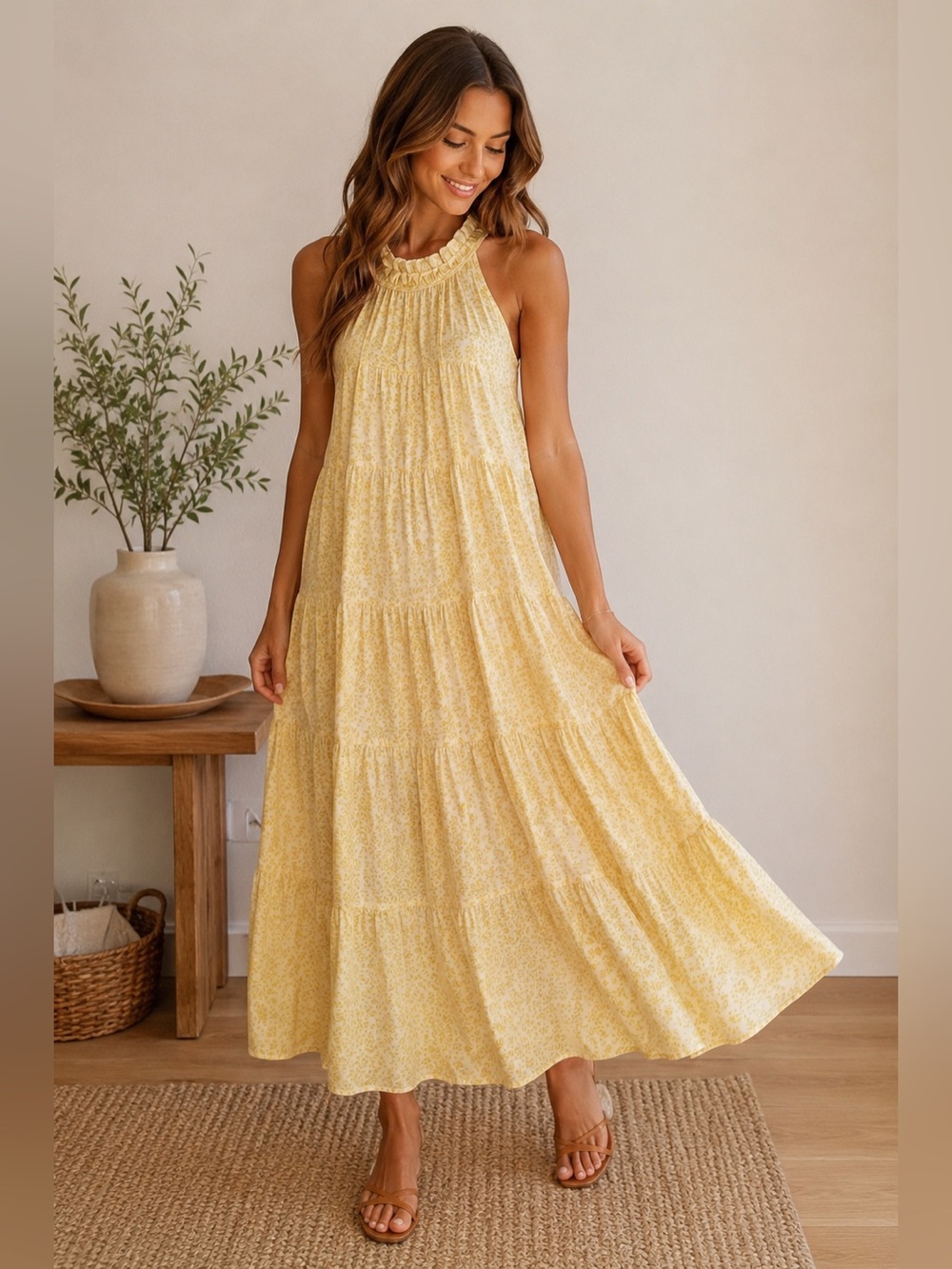 Entro Yellow Floral Tiered Maxi Dress Ruffle Tie Back Small